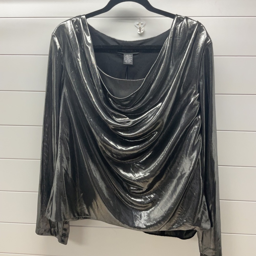 Cache Metallic Silver Cowl Neck Evening Top Long Sleeve  Womens XL NWT